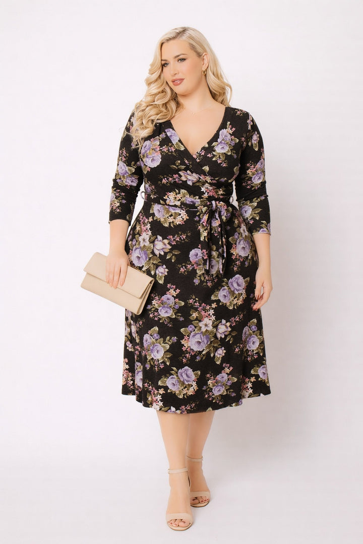 Moa Collection Dresses Plus Size  Tessa Knit Floral Dress- Black