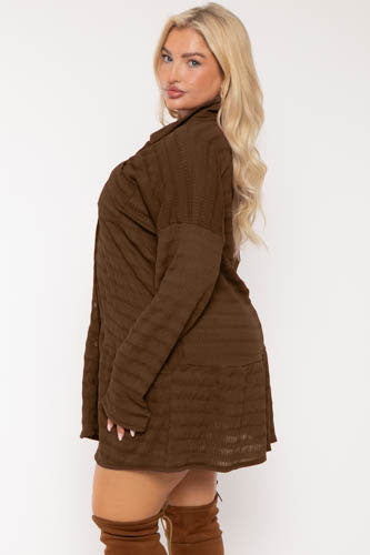 brown sweater dress plus size Women's Plus Size Casual Sweater Dress Lantern Long Sleeve V Neck Midi Dress With Belt