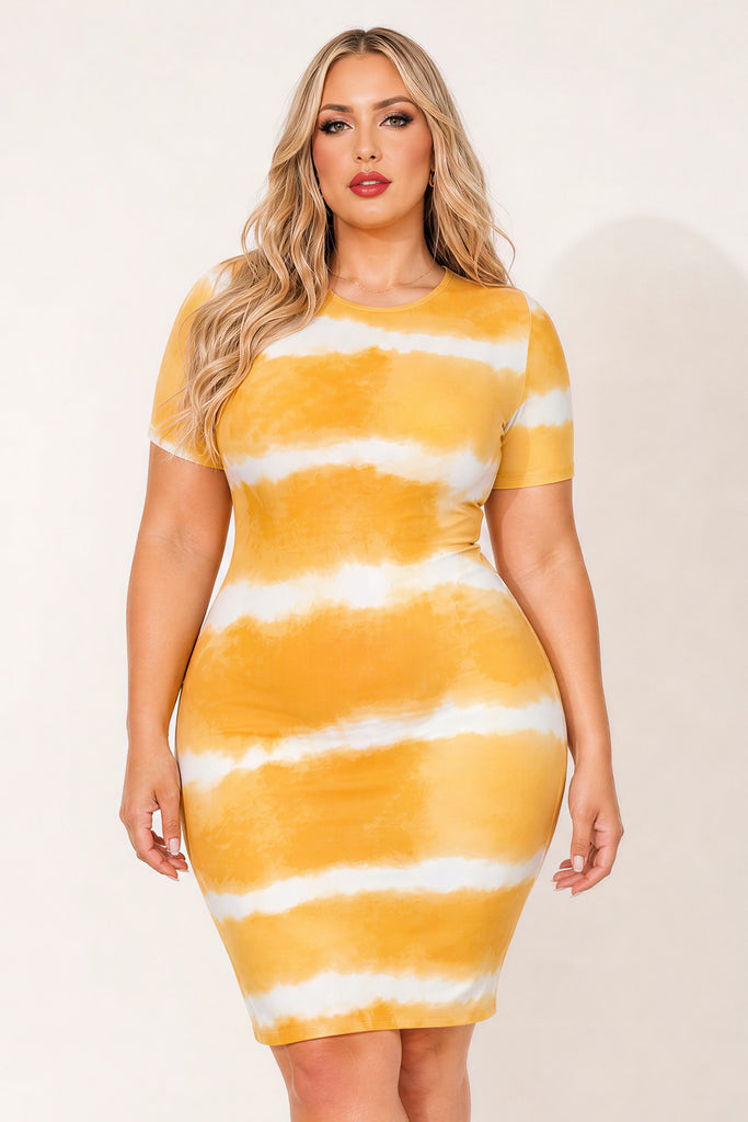 Plus Size Tie-dye Print Bodycon Dress (CAPELLA) Print 206 MUSTARD / 2X