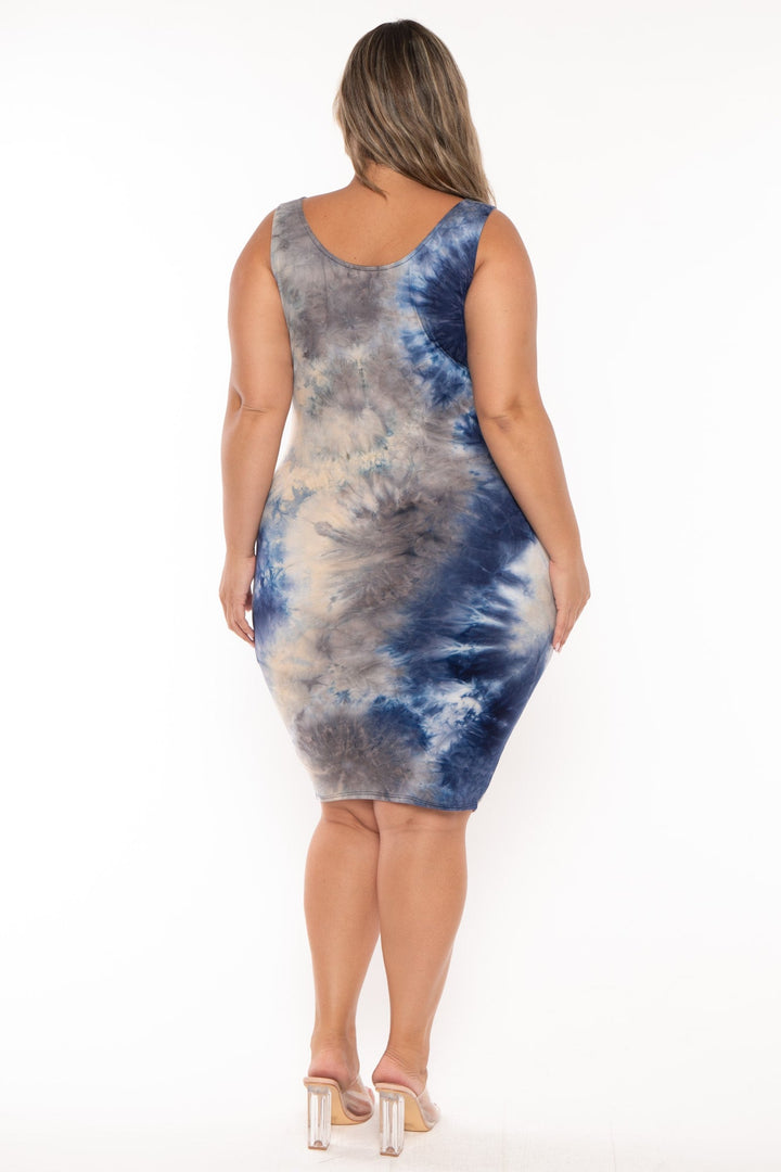 Curvy Sense Dresses Plus Size Tie Dye  Tank Bodycon Dress  -Navy