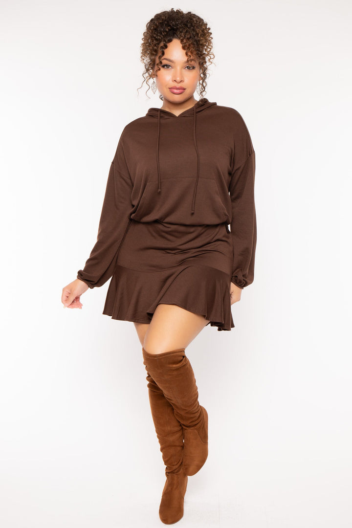 Curvy Sense Dresses Plus Size Tracie Hoodie Mini Dress - Brown