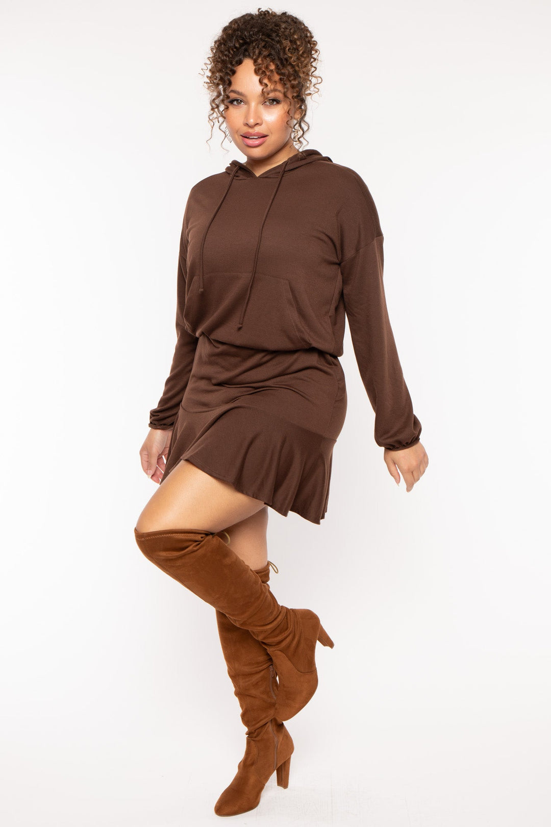 Curvy Sense Dresses Plus Size Tracie Hoodie Mini Dress - Brown