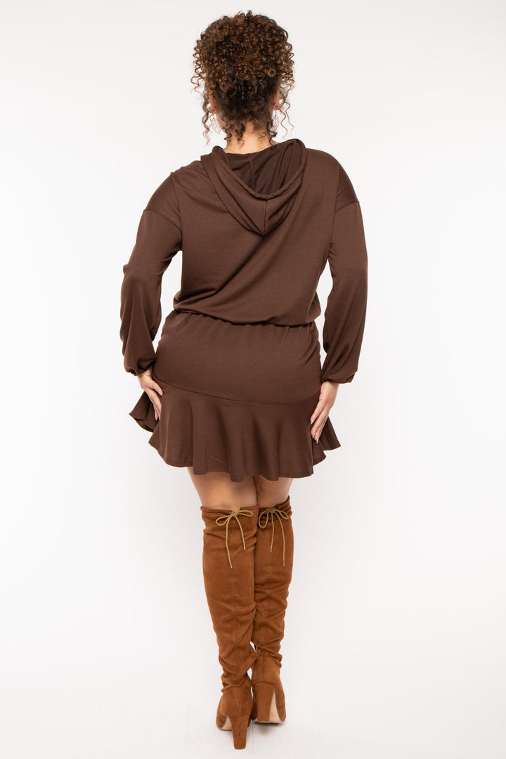 Curvy Sense Dresses Plus Size Tracie Hoodie Mini Dress - Brown