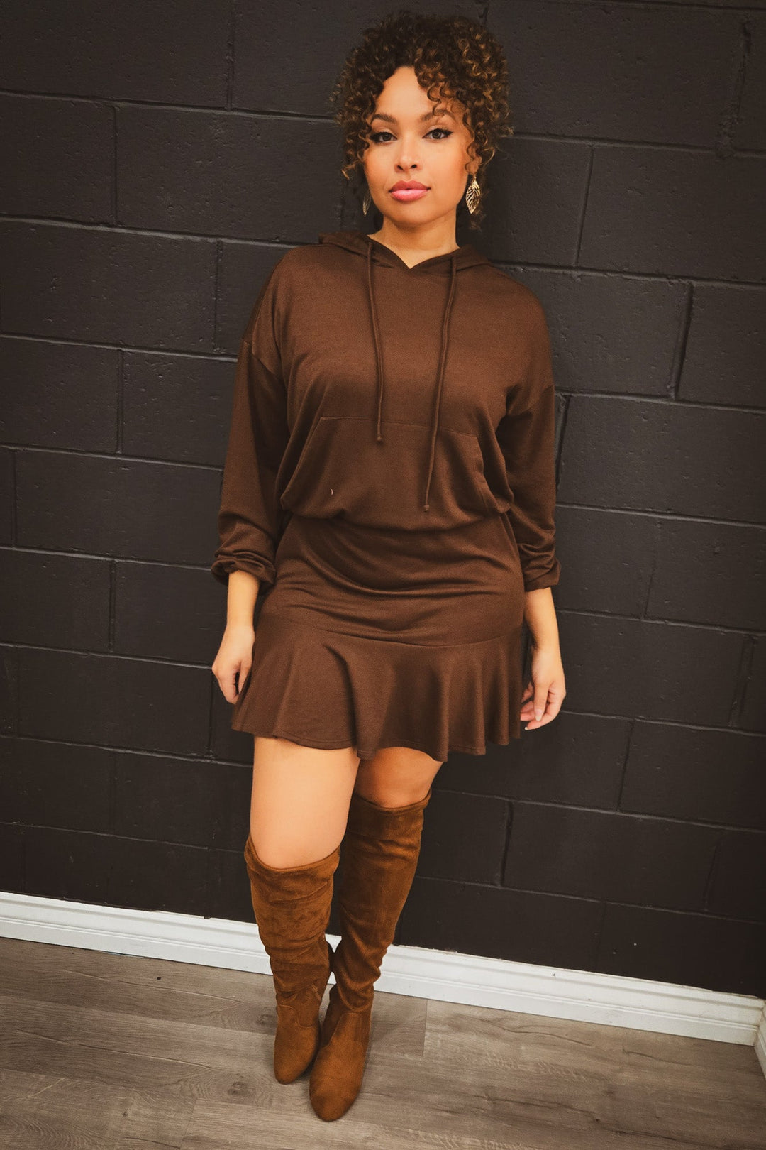 Curvy Sense Dresses Plus Size Tracie Hoodie Mini Dress - Brown