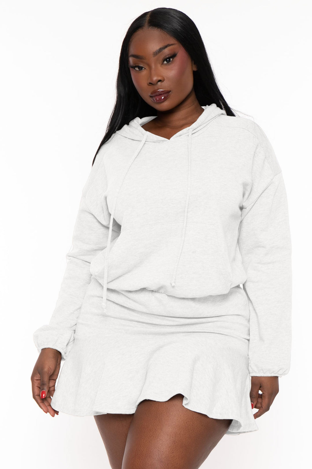 Women's Plus Size Tracie Hoodie Mini Dress - Cream - Curvy Sense Women's Plus Size Tracie Hoodie Mini Dress - Cream - Curvy Sense