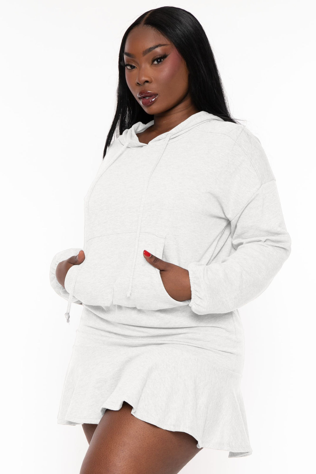 Plus Size Tracie Hoodie Mini Dress - Cream 2X / Cream at Curvy Sense Plus Size Tracie Hoodie Mini Dress - Cream 2X / Cream at Curvy Sense