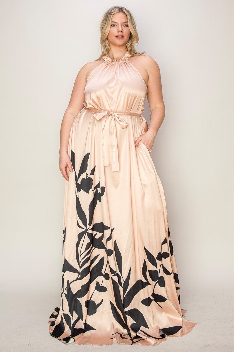 The Sang Company Dresses 1X / Pink Plus Size Vacay Halter side slit Floral border print maxi dress- Khaki