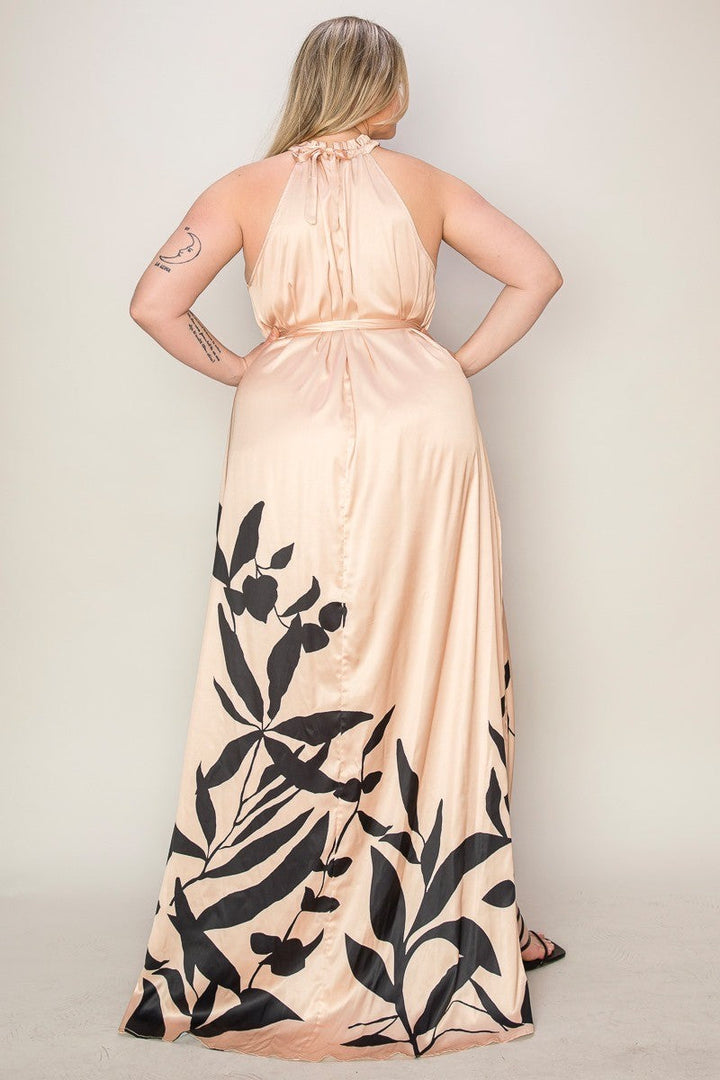 The Sang Company Dresses Plus Size Vacay Halter side slit Floral border print maxi dress- Khaki