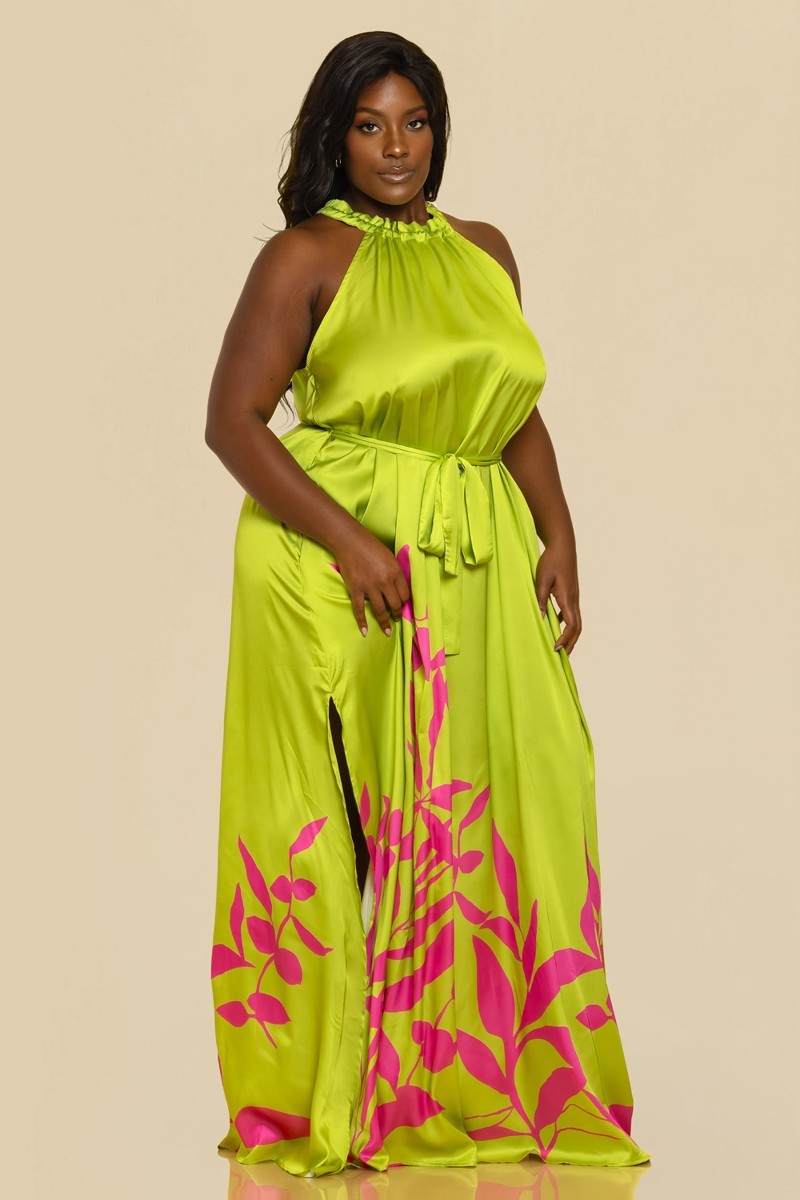 The Sang Company Dresses Plus Size Vacay Halter side slit Floral border print maxi dress- Lime
