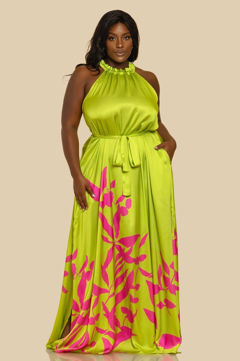 The Sang Company Dresses 1X / Pink Plus Size Vacay Halter side slit Floral border print maxi dress- Lime