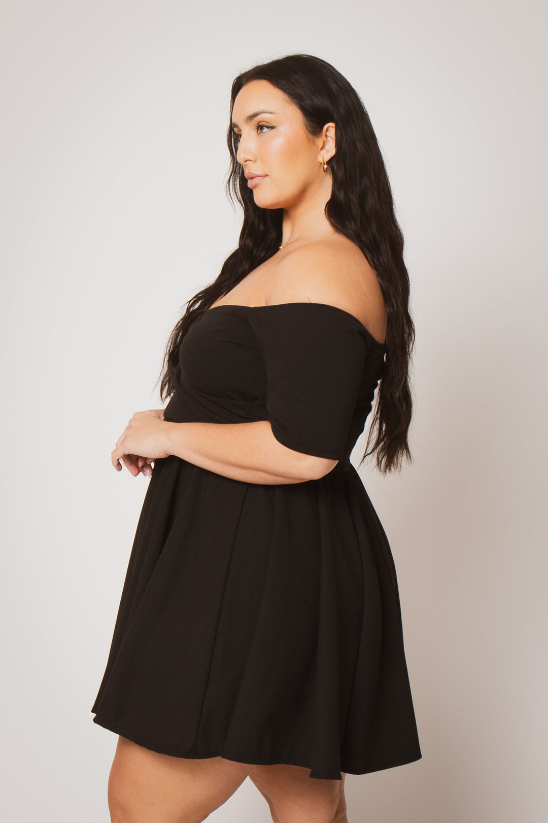 plus size black off the shoulder dress Final Sale Plus Size Off the Shoulder Ruffle Overlay Maxi Gown in Black