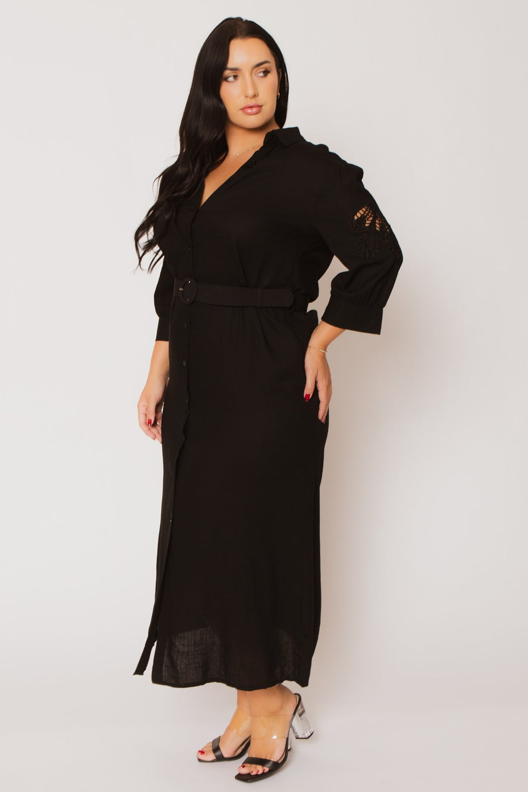 Women's Plus Size Valeria Waist Tie Dress - Black - Curvy Sense Women's Plus Size Valeria Waist Tie Dress - Black - Curvy Sense