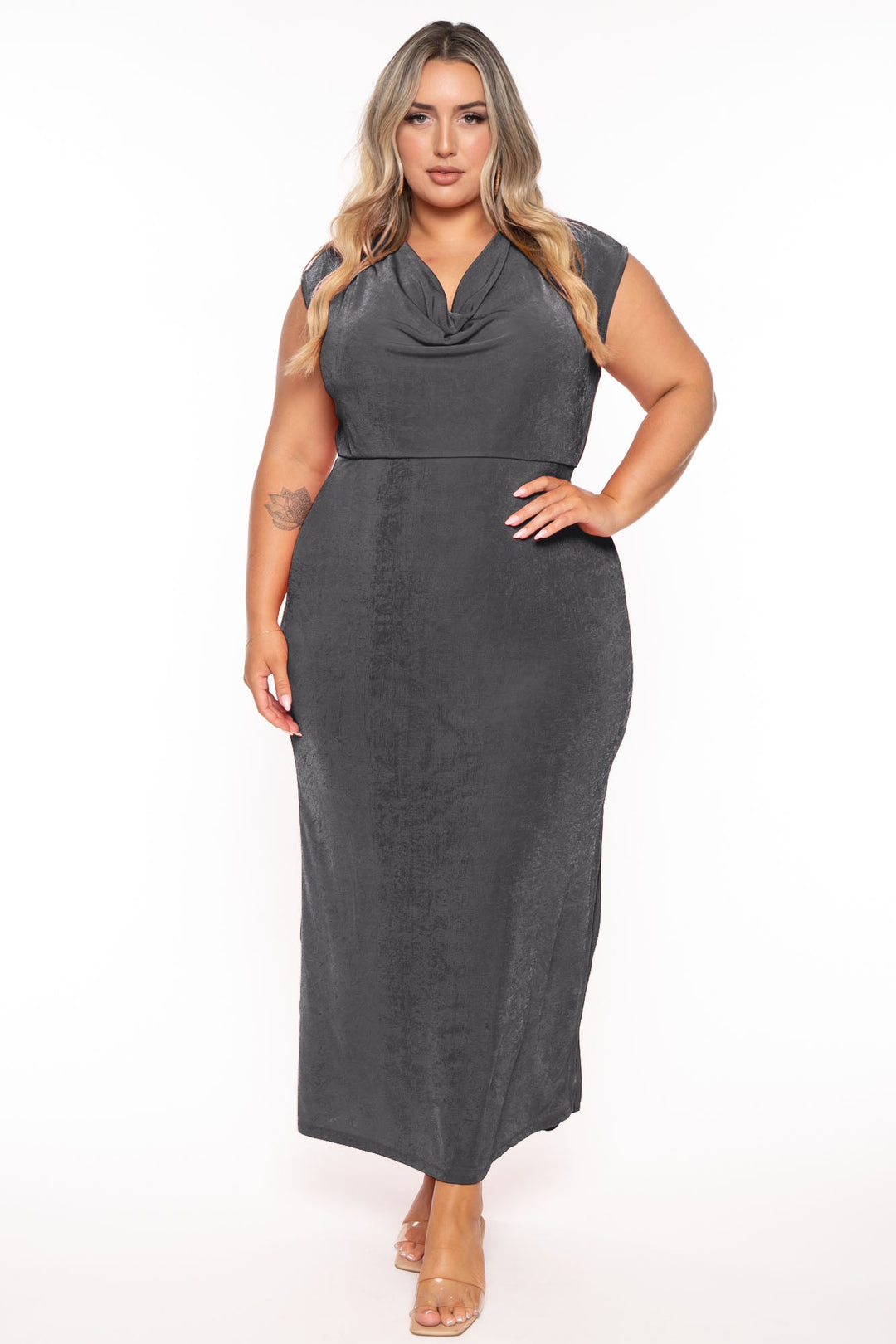 Women's Plus Size Velma Cowl Neck Maxi Dress Charcoal Curvy Sense