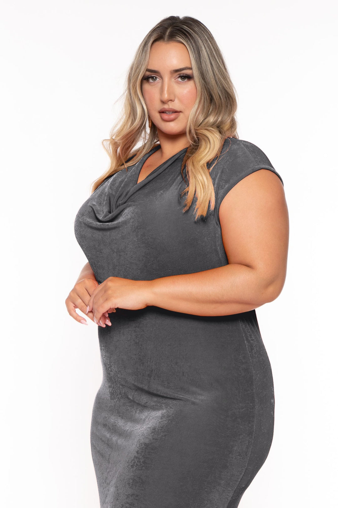 Plus Size Velma Cowl Neck Maxi Dress - Charcoal 2X / Charcoal at Curvy Sense Plus Size Velma Cowl Neck Maxi Dress - Charcoal 2X / Charcoal at Curvy Sense