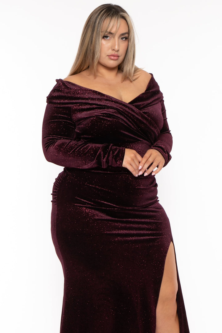 Gibiu Dresses Plus Size Velour  Glitter Gown - Burgundy