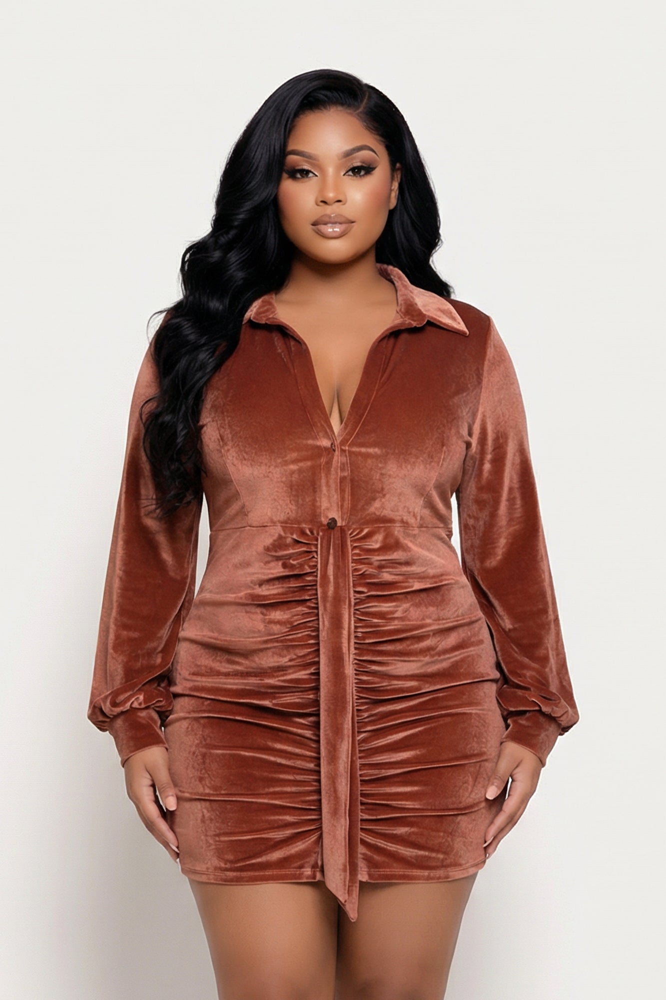 Women's Plus Size Velvet Mini Dress - Rust - Curvy Sense