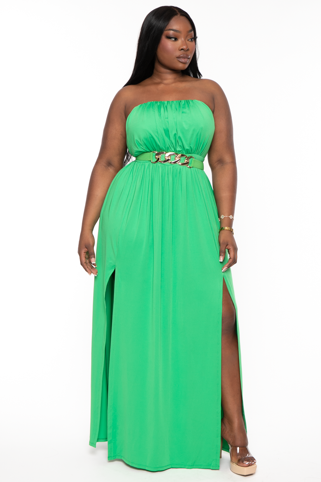 Plus Size Venezia Double Slit Maxi Dress - Green
