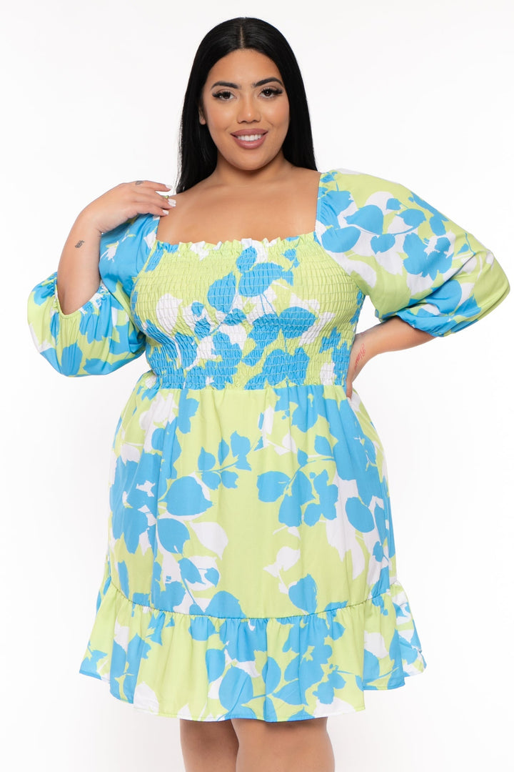 FIRST LOVE Dresses Plus Size Vera Floral  Smocked  Dress  -Multi