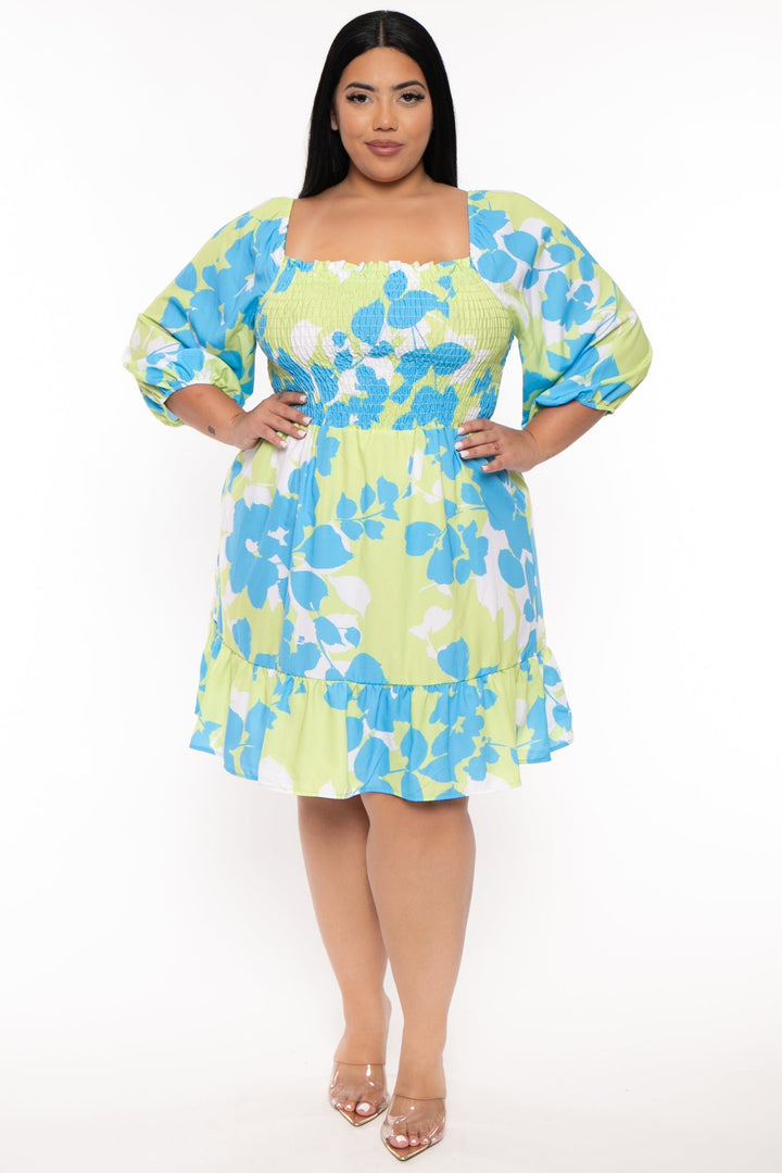 FIRST LOVE Dresses Plus Size Vera Floral  Smocked  Dress  -Multi