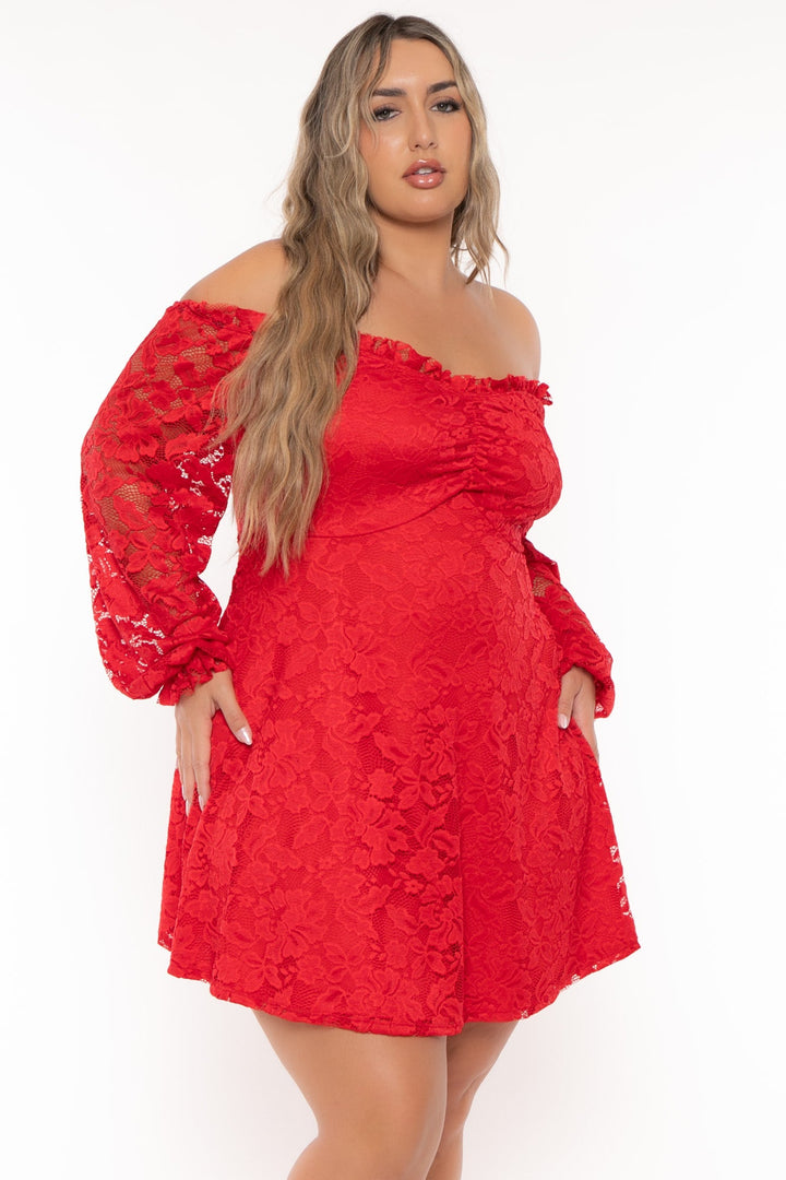 Curvy Sense Dresses Plus Size Veronica Long Sleeve Lace Dress- Red