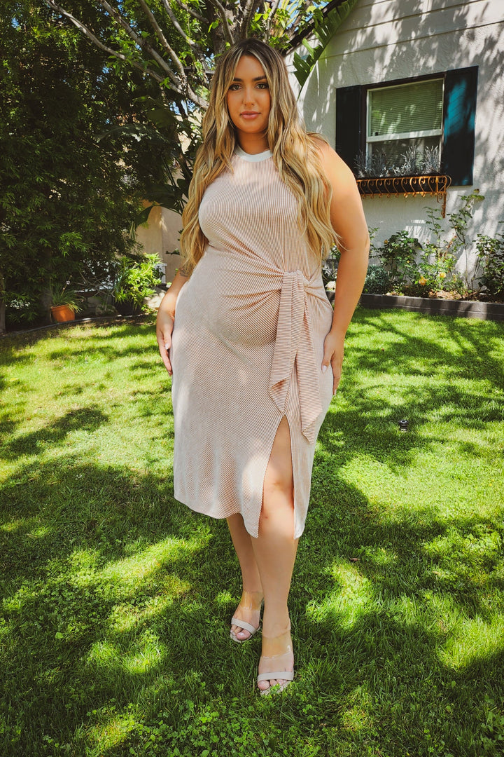 Curvy Sense Dresses Plus Size Vici Front Tie Midi Dress - Peach