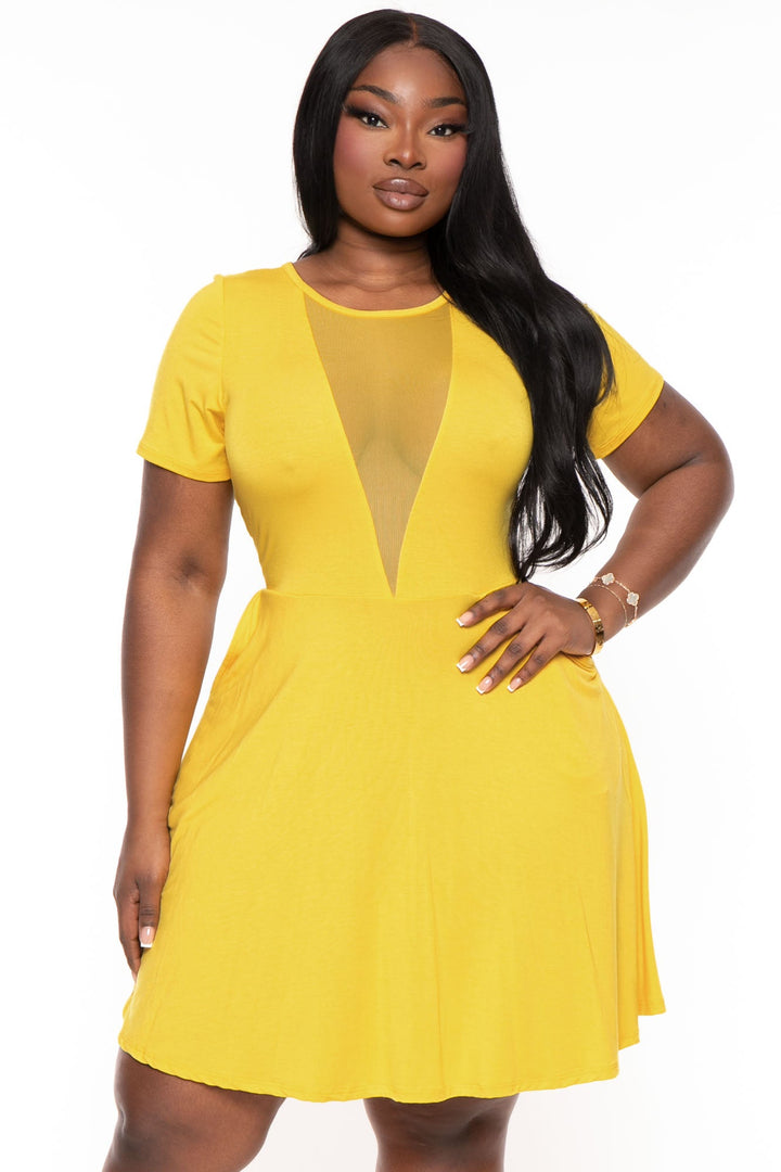 Curvy Sense Dresses Plus Size Vicki Mesh Flare Dress - Yellow