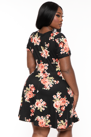 Curvy Sense Dresses Plus Size Vicki Mesh Floral  Flare Dress - Black
