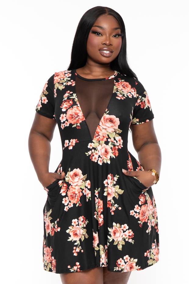 Curvy Sense Dresses 1X / Black Plus Size Vicki Mesh Floral  Flare Dress - Black