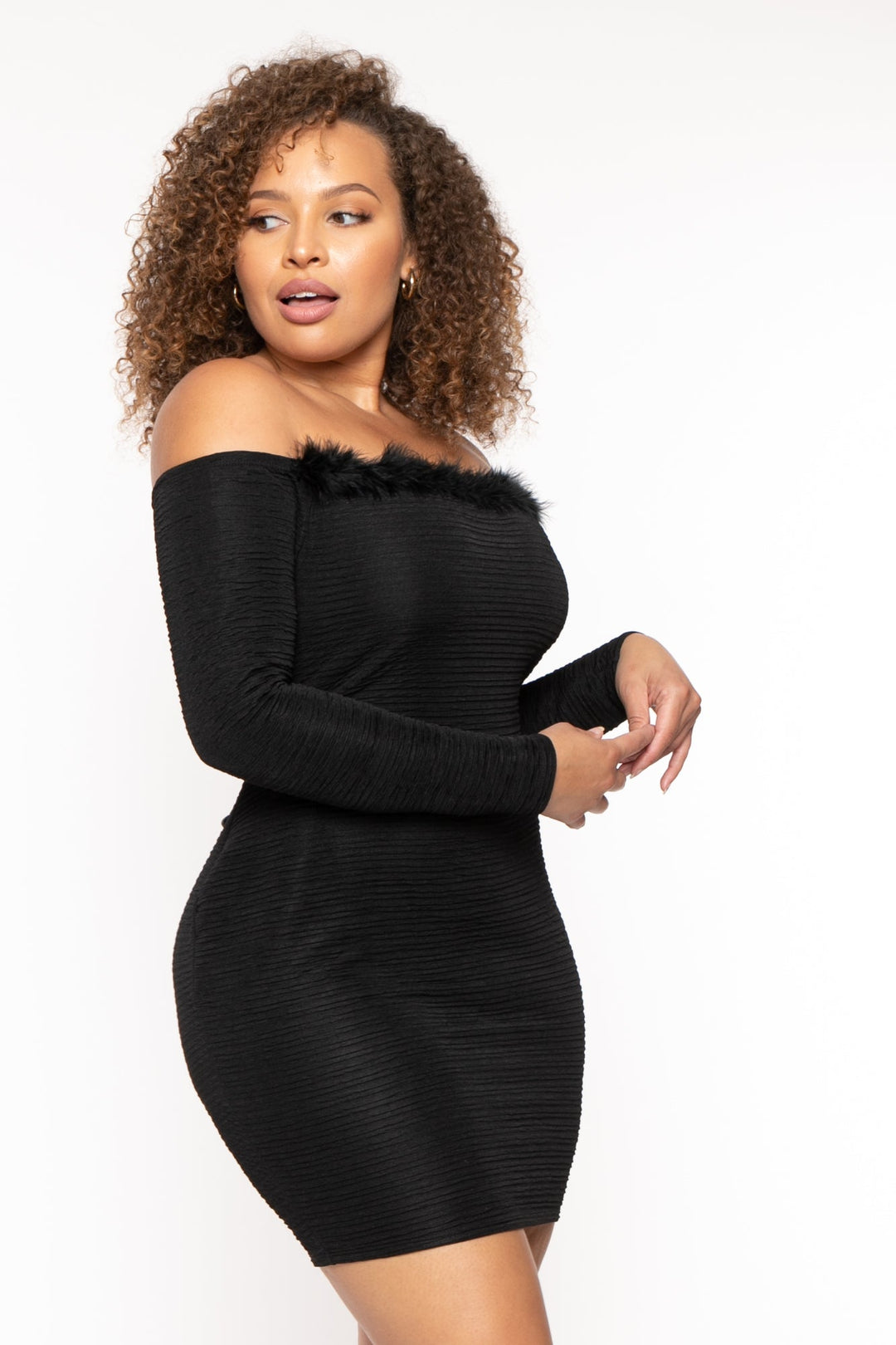 Curvy Sense Dresses 1X / Black Plus Size Vivienne Boa Mini Dress - Black