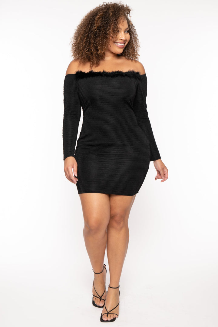 Curvy Sense Dresses Plus Size Vivienne Boa Mini Dress - Black