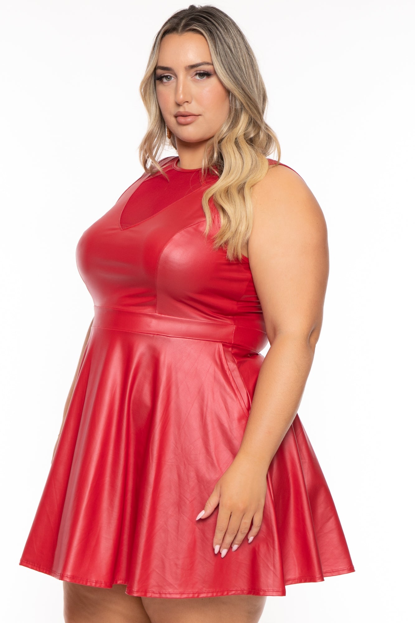 Women's Plus Size Vixen Faux Leather Flare Dress - Red - Curvy Sense