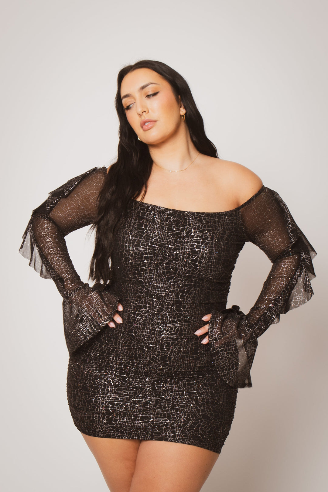 Plus Size Vixen Mesh Mini Dress - Black/Silver 1X / Black/Silver at Curvy Sense Plus Size Vixen Mesh Mini Dress - Black/Silver 1X / Black/Silver at Curvy Sense