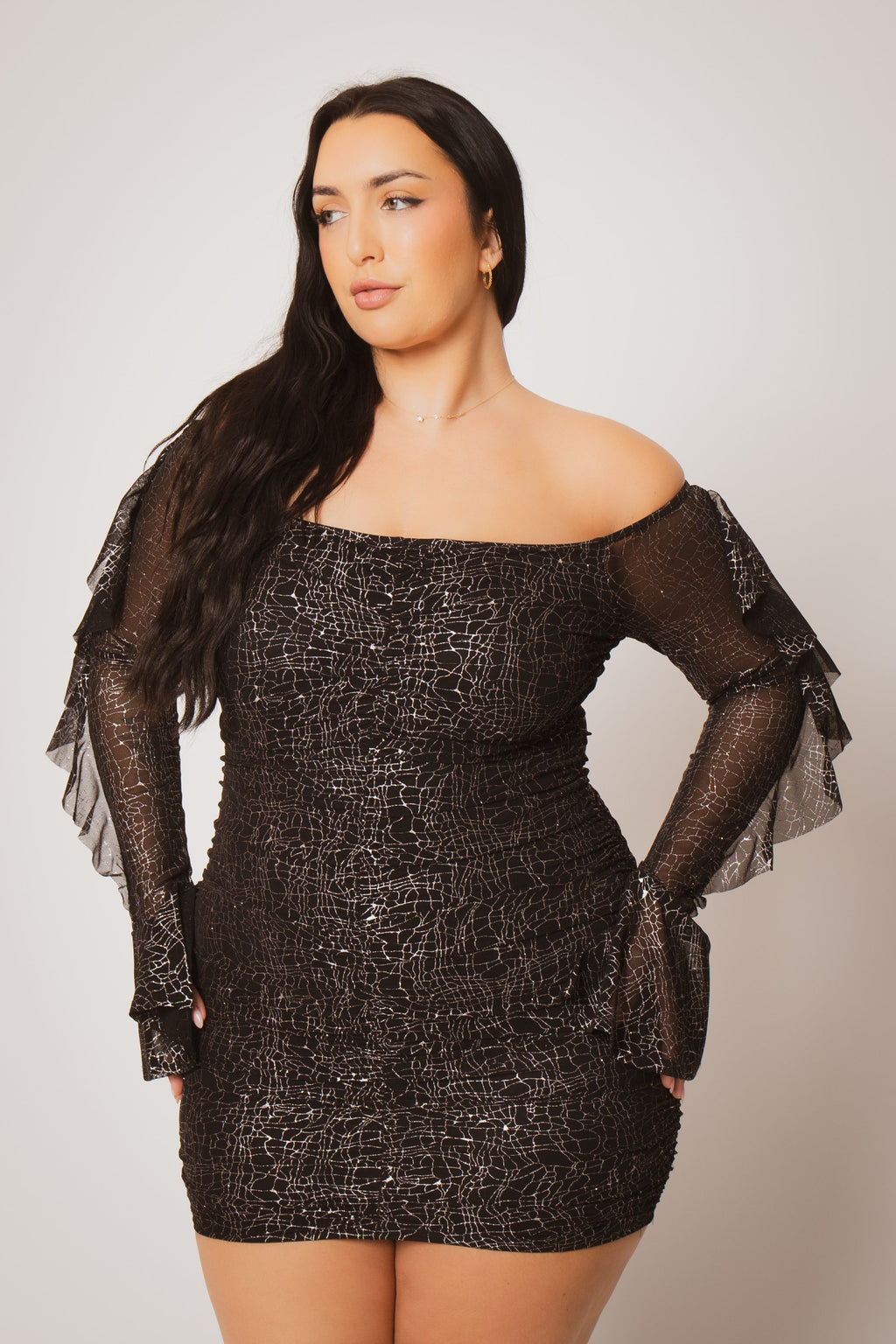 Plus Size Vixen Mesh Mini Dress - Black/Silver 1X / Black/Silver at Curvy Sense Plus Size Vixen Mesh Mini Dress - Black/Silver 1X / Black/Silver at Curvy Sense