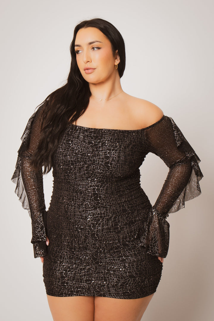 Gibiu Dresses Plus Size Vixen Mesh Mini Dress - Black/Silver