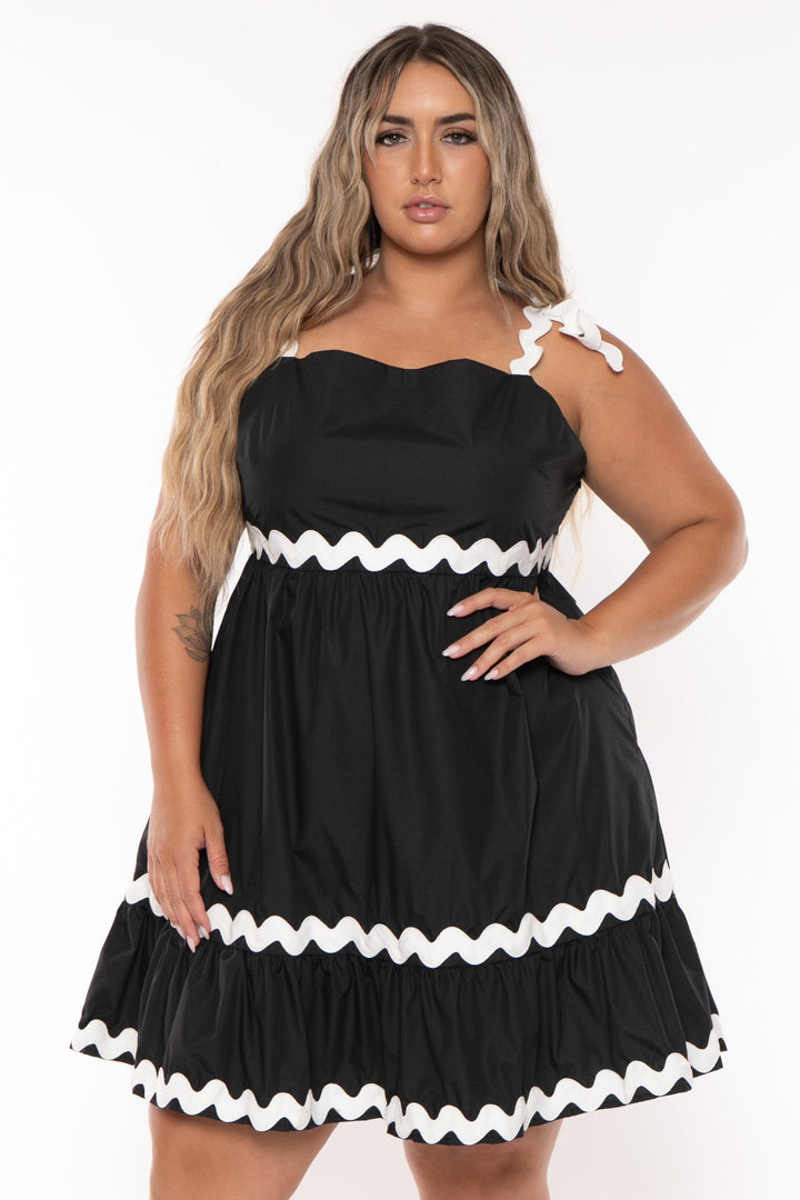 FIRST LOVE Dresses Plus Size Wavy Tie Strap Mini  Dress  -Black