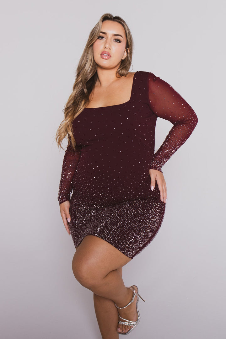 SYMPHONY Dresses Plus Size Yara Gradient Rhinestone Dress- Maroon