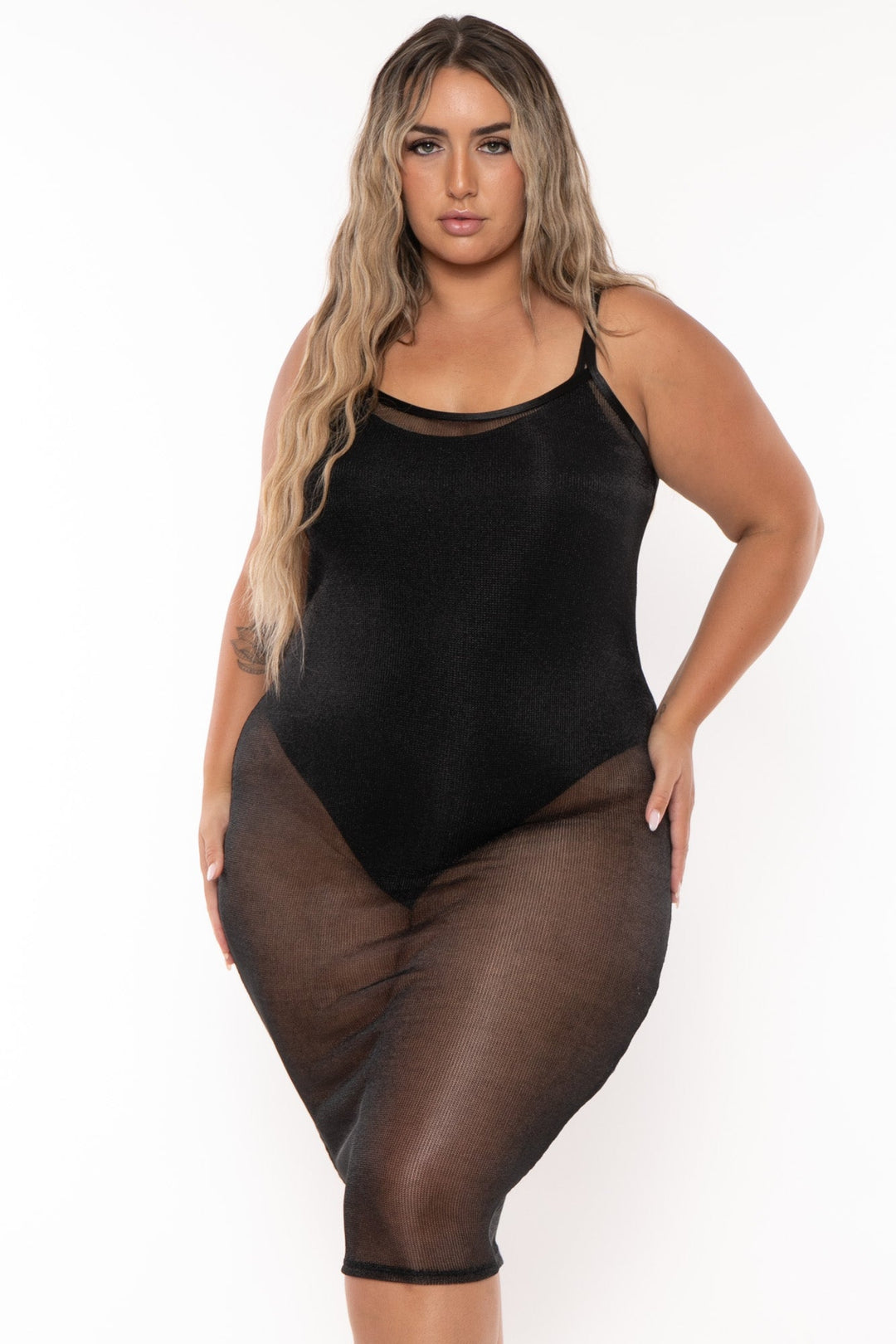 Curvy Sense Dresses Plus Size Yenssy Metallic Mesh  Dress - Black