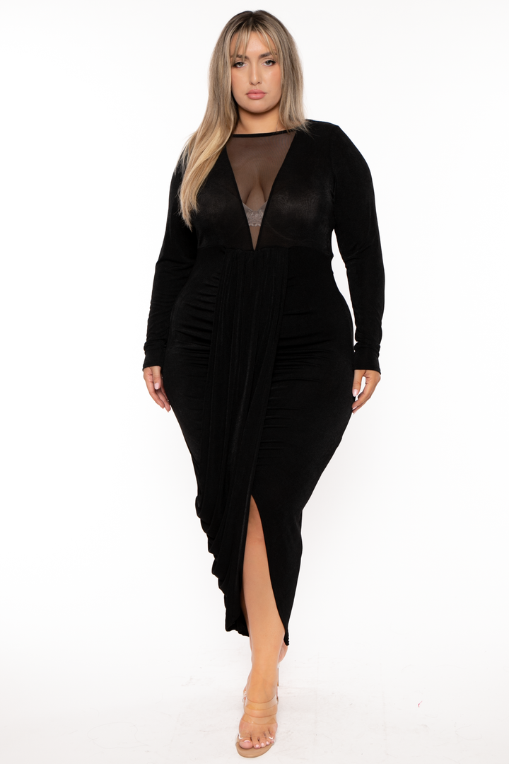 Curvy Sense Dresses 1X / Black Plus Size Zaya Draped Midi  Dress - Black