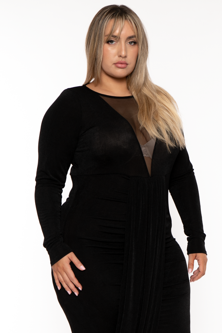 Curvy Sense Dresses Plus Size Zaya Draped Midi  Dress - Black