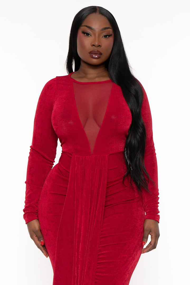 Curvy Sense Dresses Plus Size Zaya Draped Midi  Dress - Red