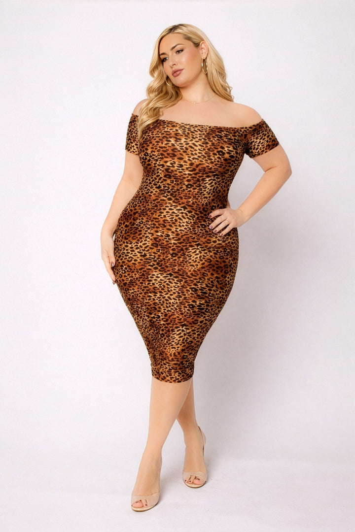 Curvy Sense Inc. Dresses Plus Size Zaya Off Shoulder  Dress - Brown