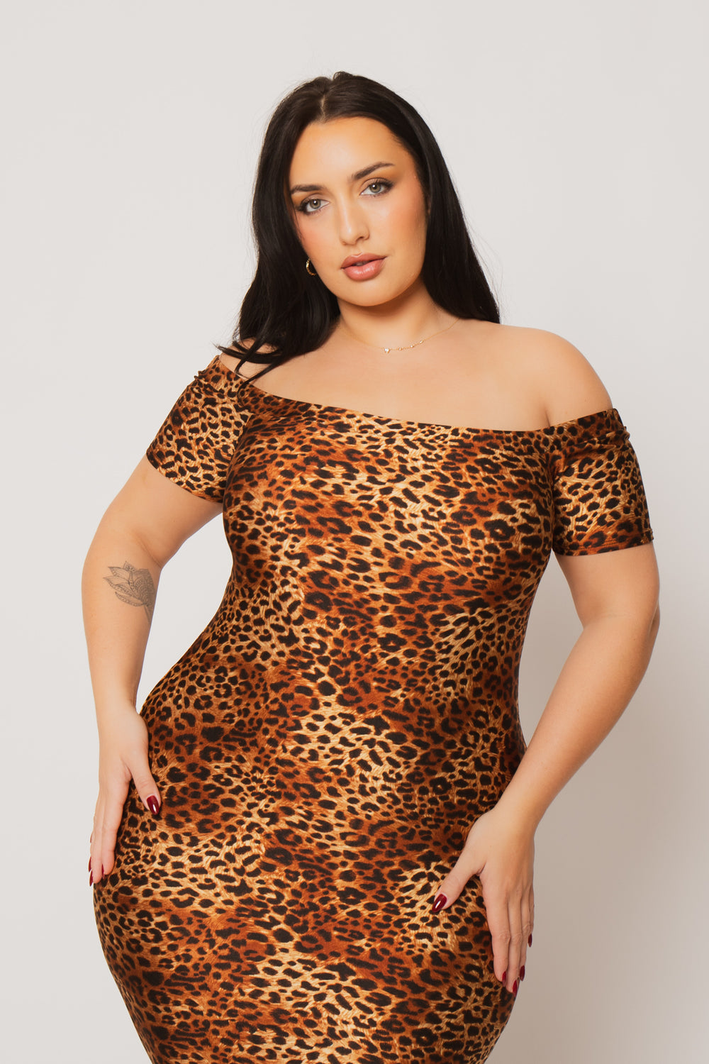Curvy Sense Inc. Dresses Plus Size Zaya Off Shoulder  Dress - Brown