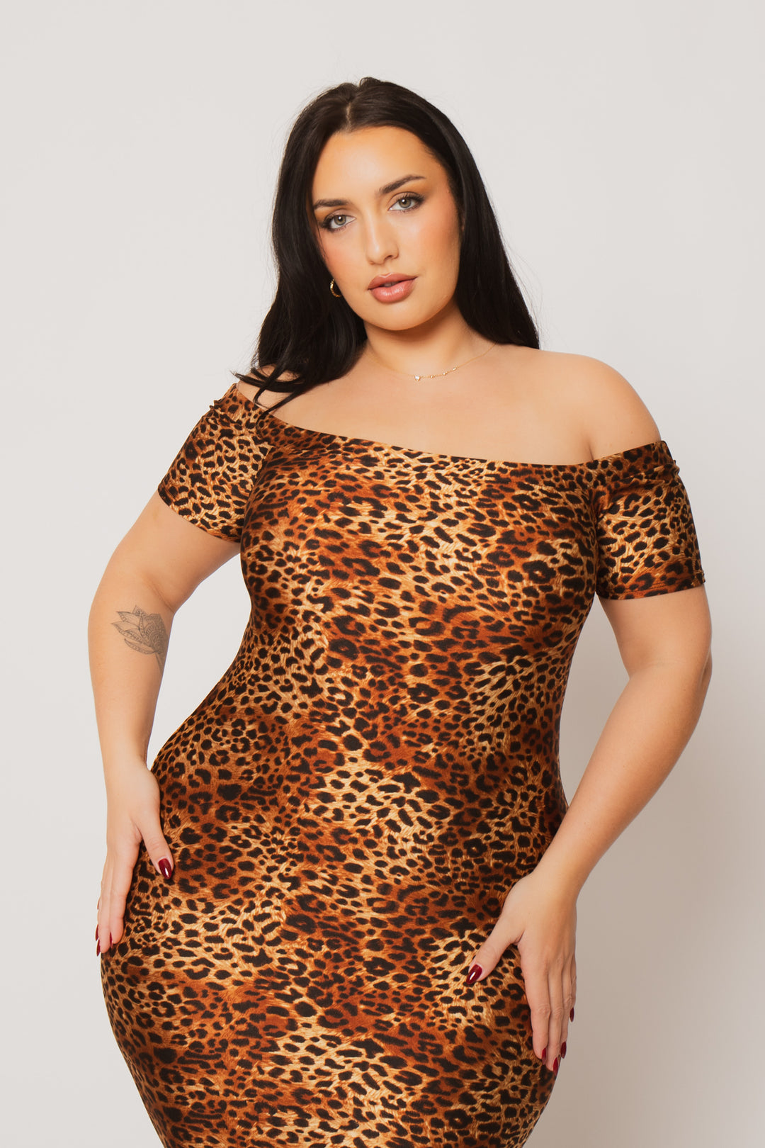 Curvy Sense Inc. Dresses Plus Size Zaya Off Shoulder  Dress - Brown