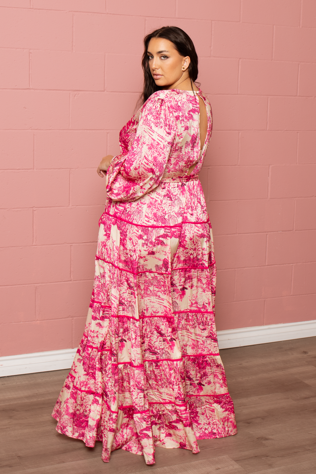 The Sang Company Dresses Plus Size Zeanne 5 tired Long Sleeve Maxi dress- Pink