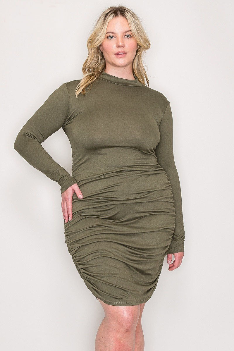 POPULAR 21 Dresses Plus Size Zenia Long Sleeve Ruched Knee Length Midi Dress- Olive