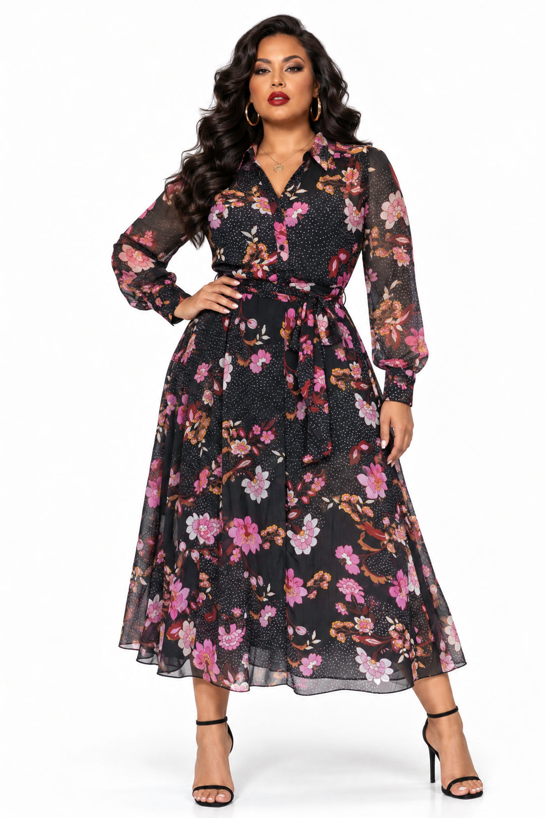 Bandolino Dresses Zorina Floral Chiffon Shirt Dress- Black