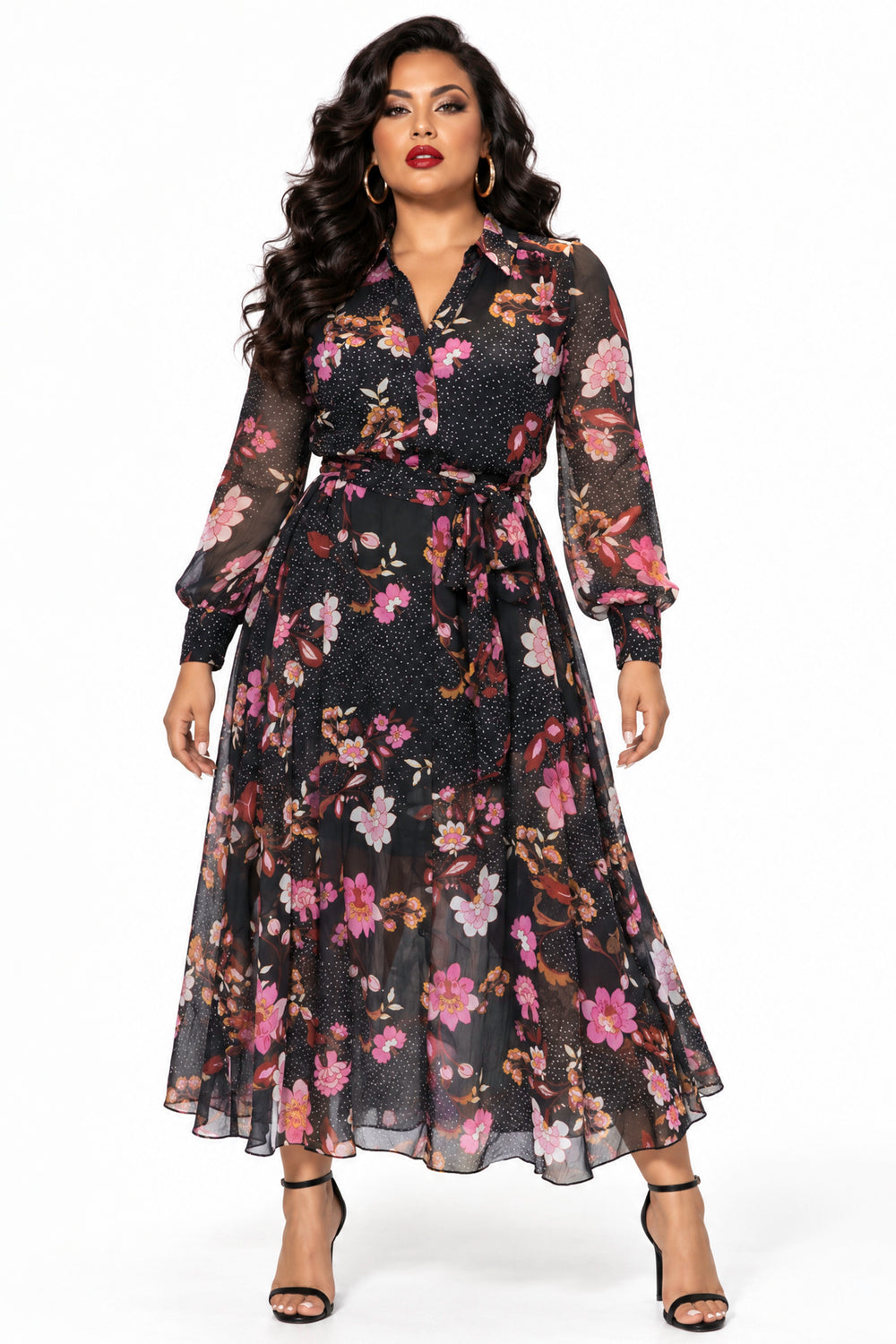 Bandolino Dresses Zorina Floral Chiffon Shirt Dress- Black