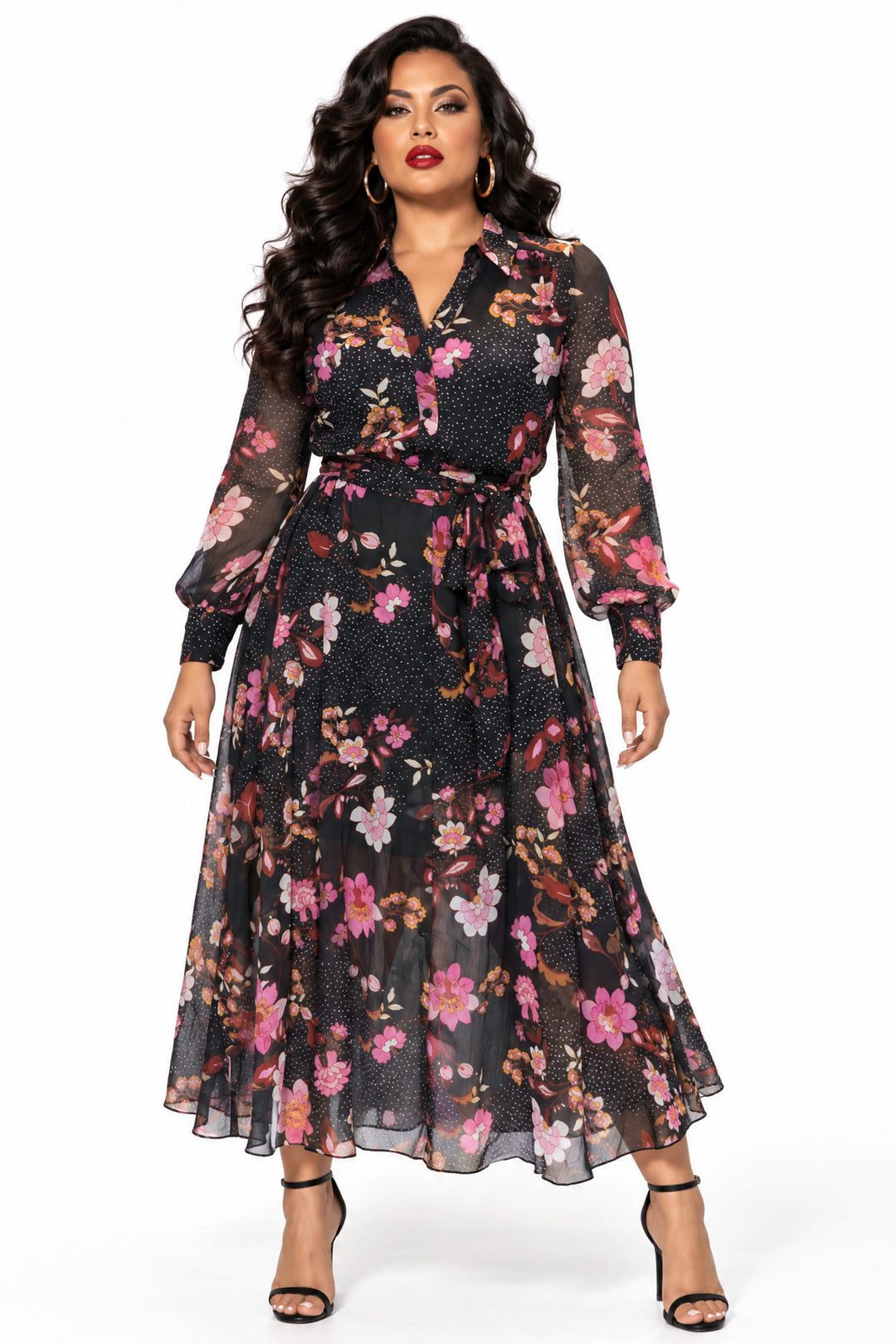 Bandolino Dresses Zorina Floral Chiffon Shirt Dress- Black