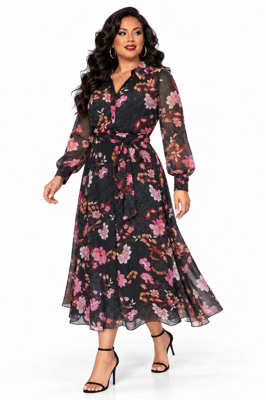 Bandolino Dresses Zorina Floral Chiffon Shirt Dress- Black