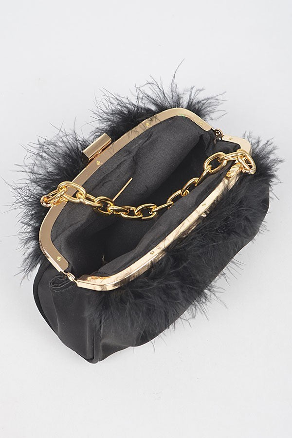 H&D Handbags Black Buenos Aires Faux Leather Chain Handle Clutch W/Feather- Black